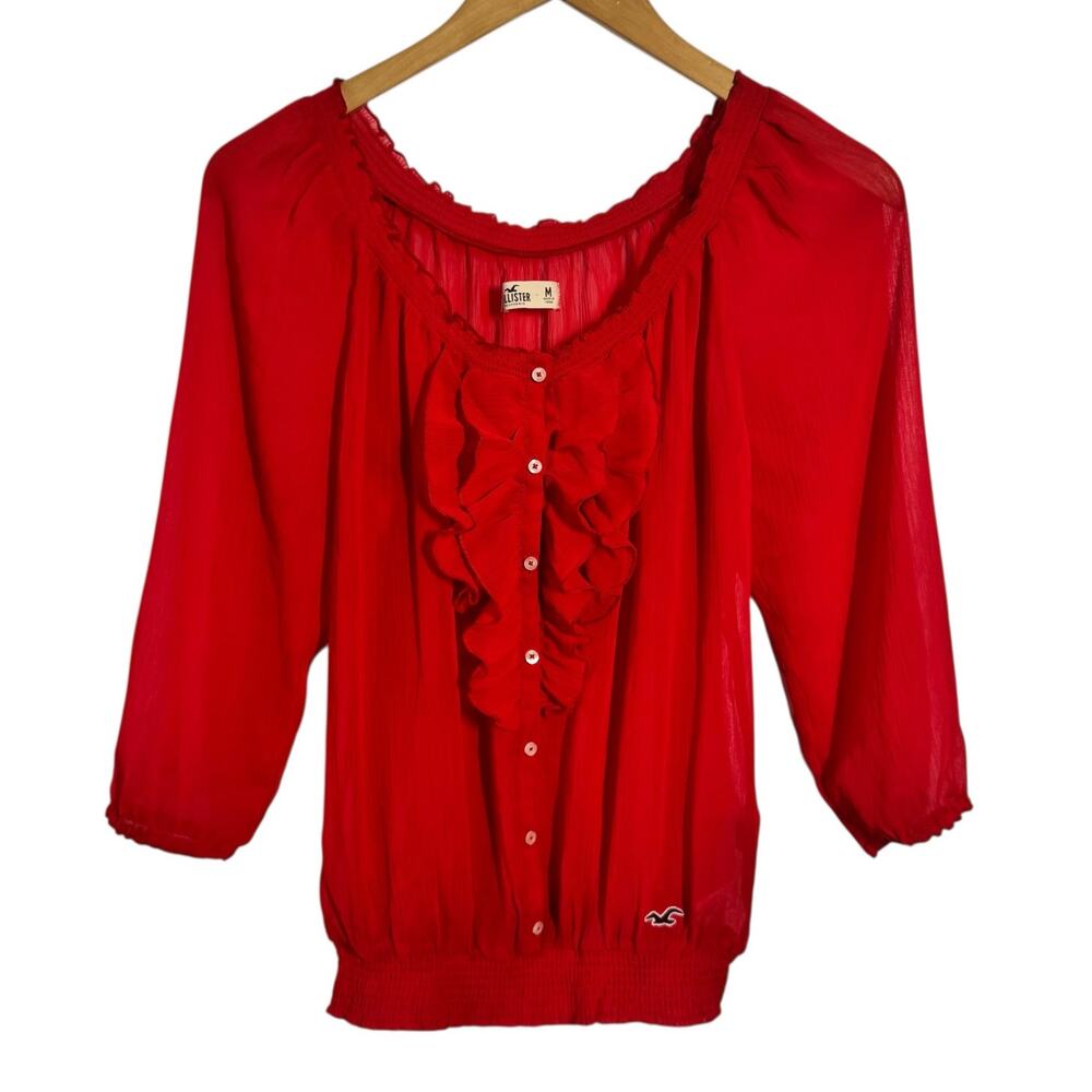 Hollister Button Front Shirt Womens M Red Long Sleeve Ruffle Trim Round Neck Y2K